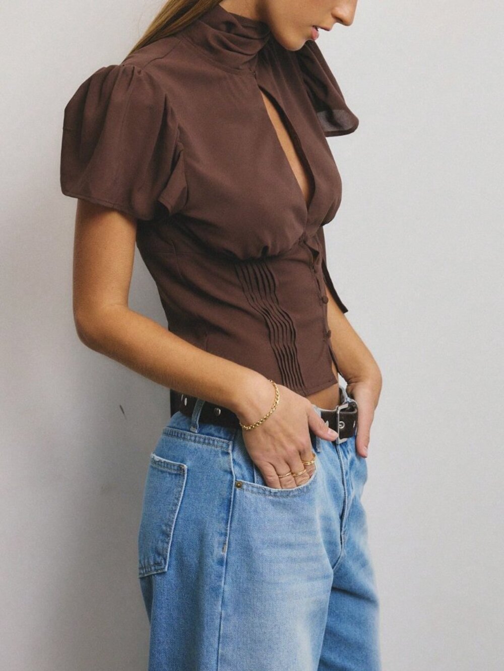 Brown Elegant Women's High Neck Scarf-Detail Puff Sleeve Button Front Woven Top - Picture 2 of 8